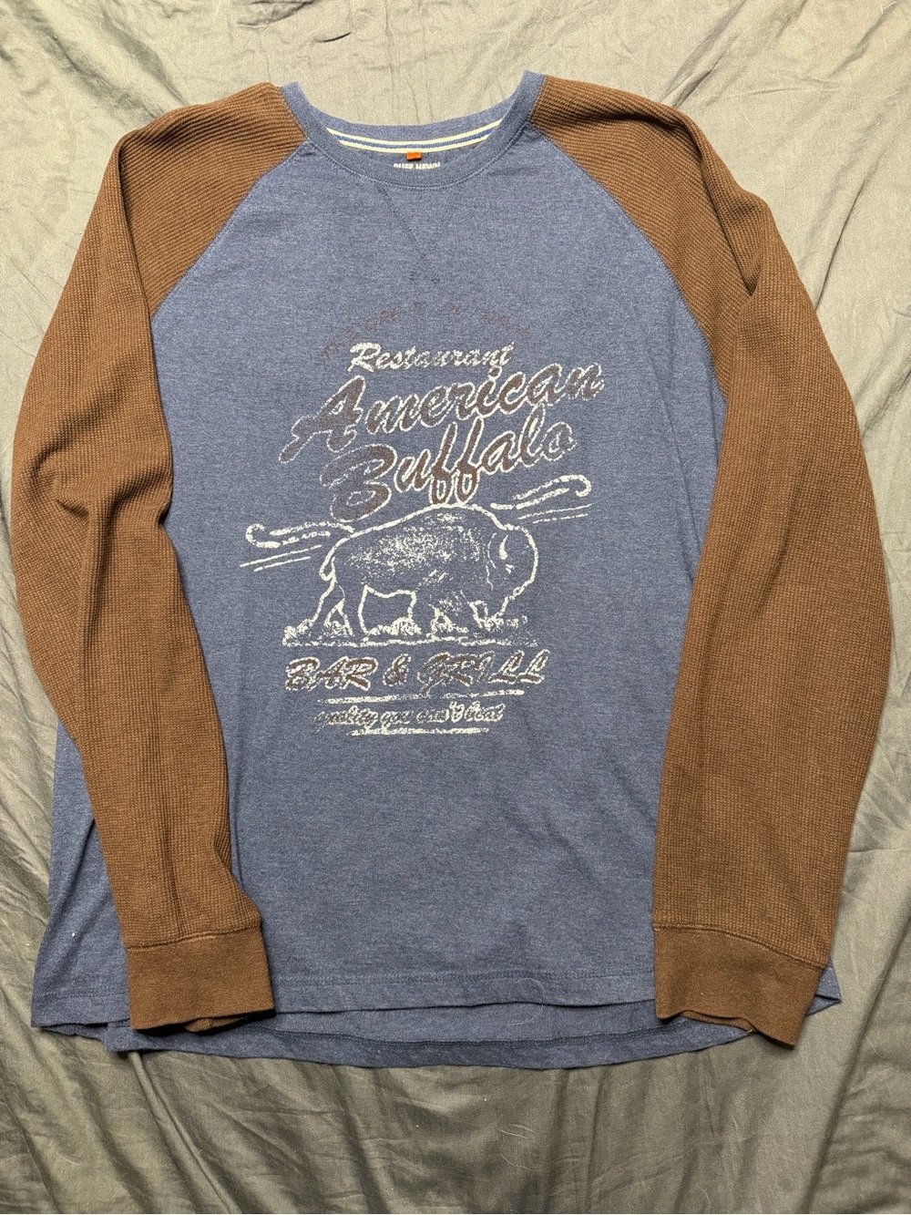 Ruff Hewn Blue Body with Brown Raglan Sleeve Long Sleeve Tee